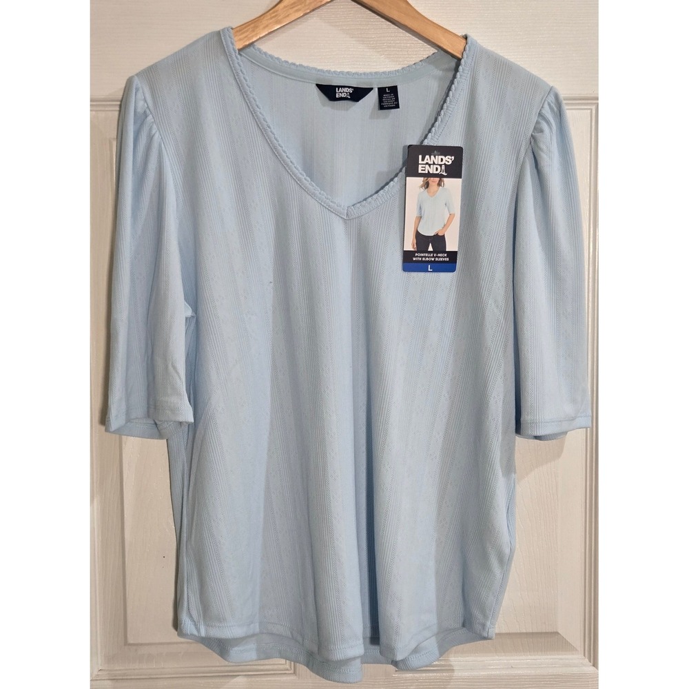 Lands End Womens Pointelle V-Neck Top Light Blue Elbow Sleeve Scalloped Neck L